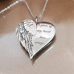 Angel Wings Engraved Necklace with Heart Pendant