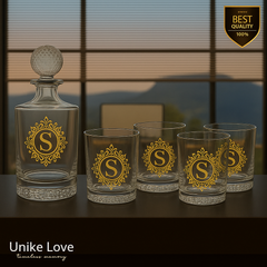 Customized Whiskey Set 850mL Round Golf Glass Decanter Set with Four 9 oz. Rocks Glassess