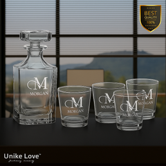 Customized Whiskey Set 750mL Square Glass Decanter Set with Four 11 oz. Rocks Glasses