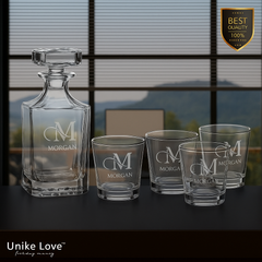 Customized Whiskey Set 750mL Square Glass Decanter Set with Four 11 oz. Rocks Glasses