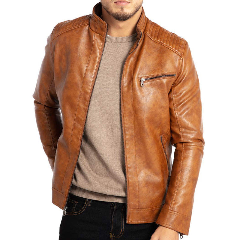 WULFUL Mens Stand Collar Leather Jacket Motorcycle Lightweight Faux Leather Outwear