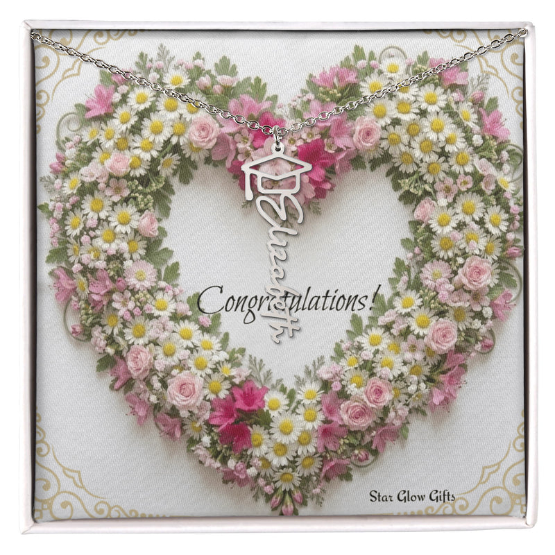 Graduation Name Necklace Custom Designed Flower Heart Display Background