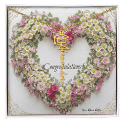 Graduation Name Necklace Custom Designed Flower Heart Display Background