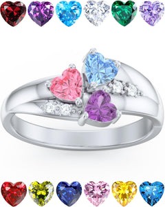 PaulaMax Jewelry Mothers Ring with 3 Birthstones – Custom Birthstone Ring for Women in Sterling Silver – Personalized 3 Heart Birthstones Size 12